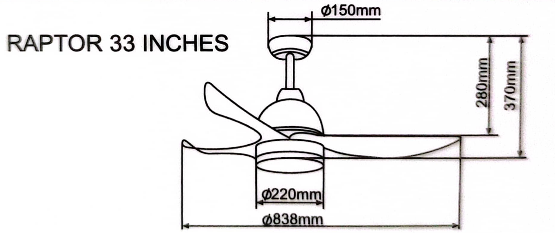 BESTAR RAPTOR 33 / 38 / 48 Inch DC Motor 3 Blade Ceiling Fan Remote Control and No Light Kit