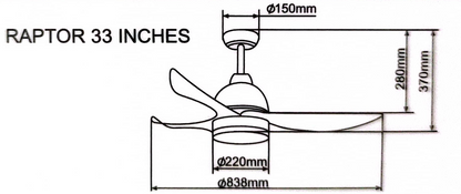 BESTAR RAPTOR 33 / 38 / 48 Inch DC Motor 3 Blade Ceiling Fan Remote Control and No Light Kit