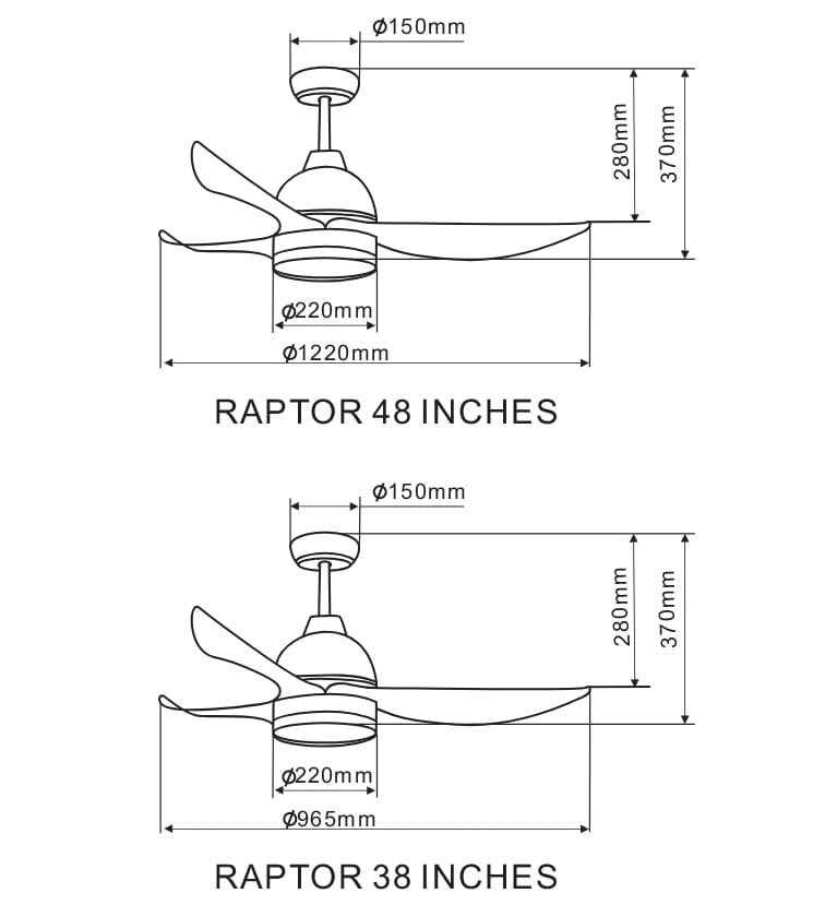 BESTAR RAPTOR 33 / 38 / 48 Inch DC Motor 3 Blade Ceiling Fan with 3 Tone LED Light Kit and Remote Control