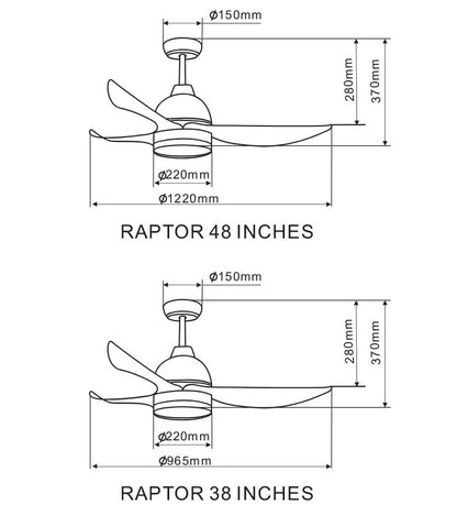 BESTAR RAPTOR 33 / 38 / 48 Inch DC Motor 3 Blade Ceiling Fan with 3 Tone LED Light Kit and Remote Control